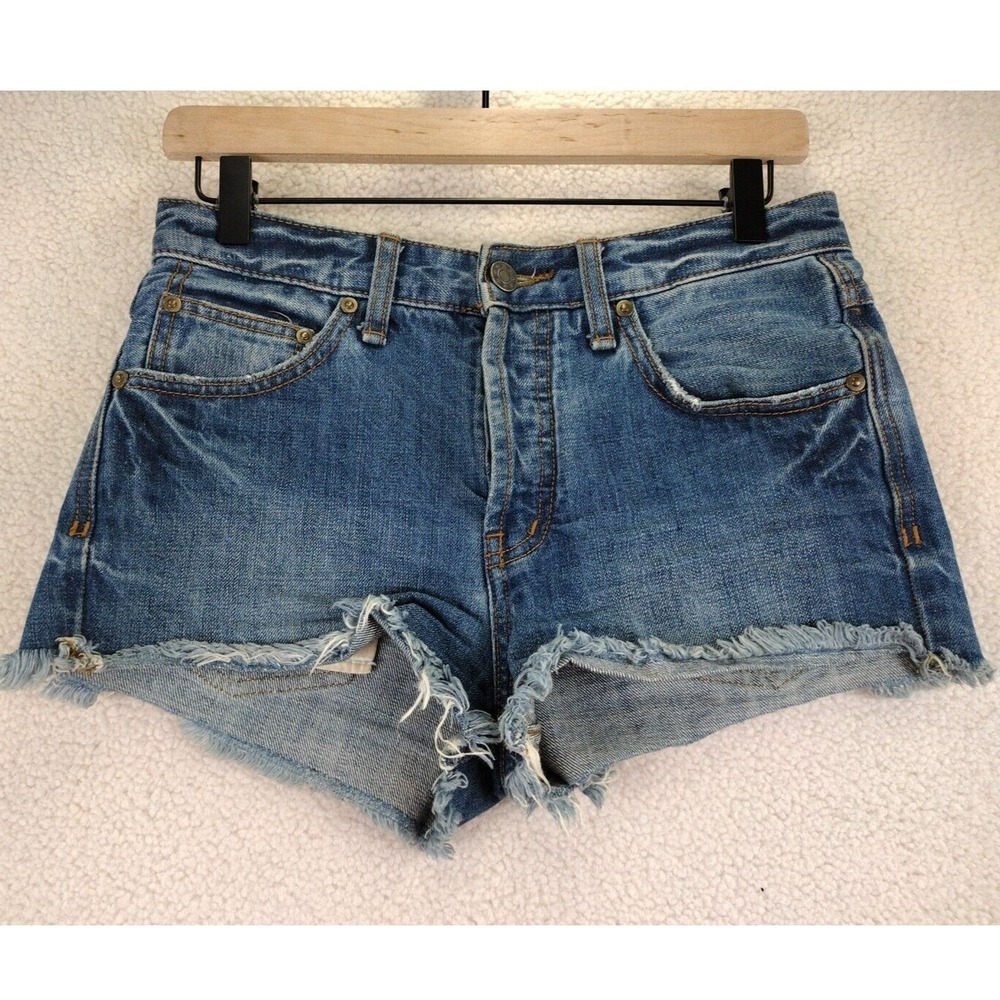 Free People Denim Cutoff Shorts Blue Frayed Hem Button Fly Women‎ Size 25